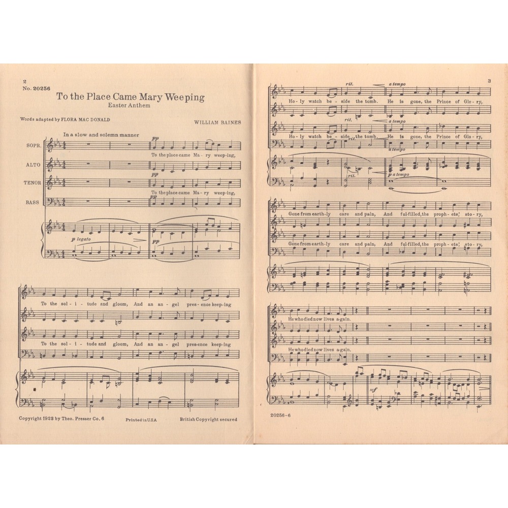 1928 To the Place Came Mary Weeping William Baines Sheet Music Presser Co - Picture 2 of 2